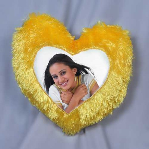 Beautiful Yellow Heart Fur Pillow With Personalized Photo